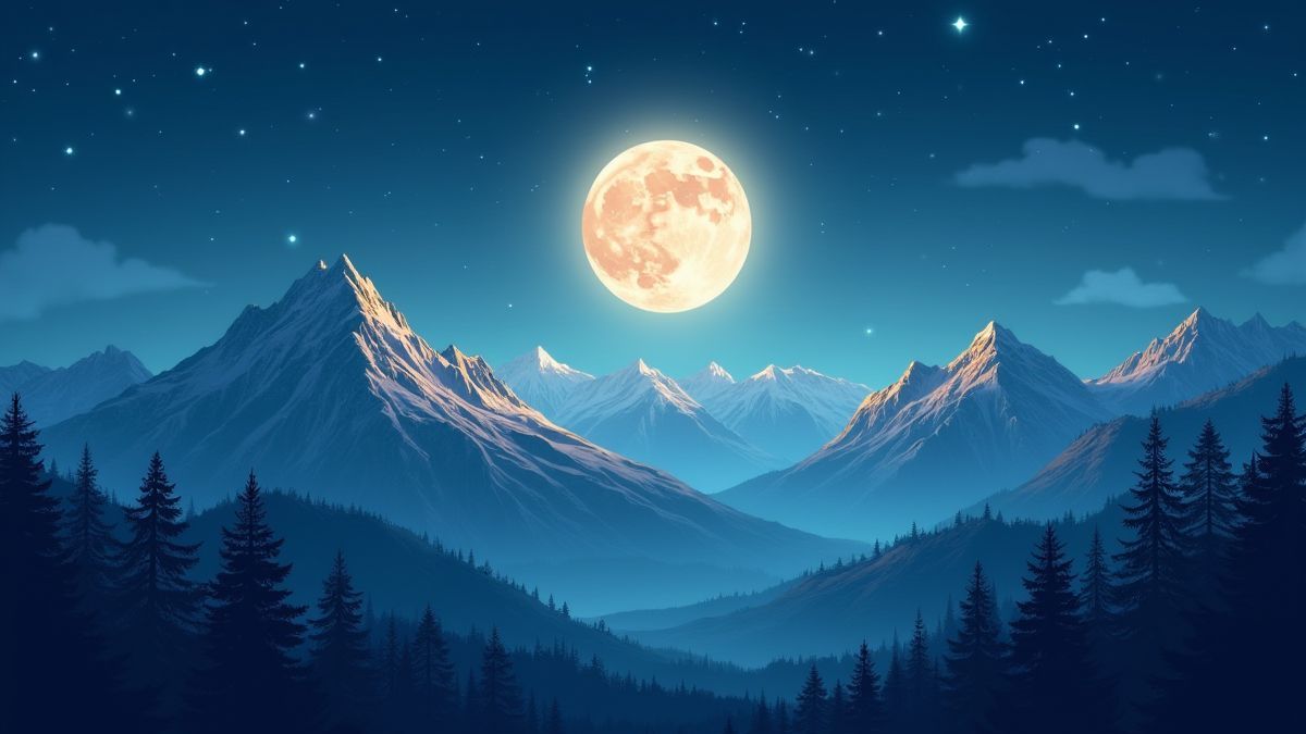 Cordilheira montanhosa sob uma lua cheia com estrelas brilhantes.