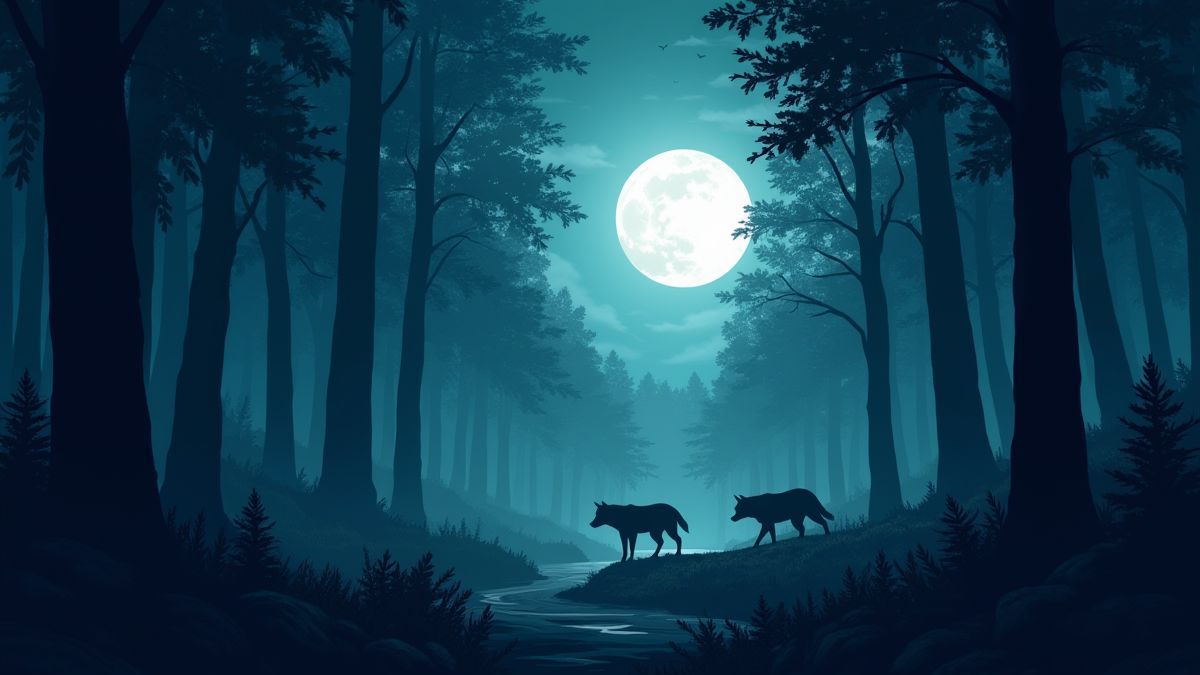 Bosque denso con lobos bajo la luz de la luna.