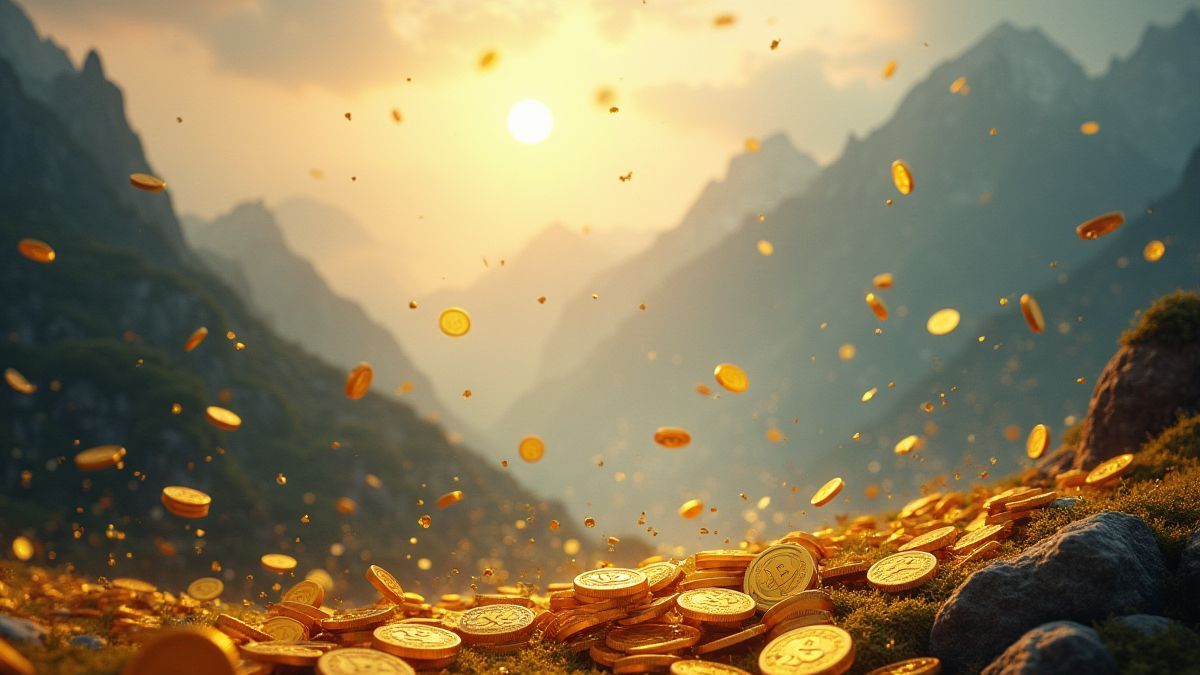 Monedas doradas en un paisaje montañoso.