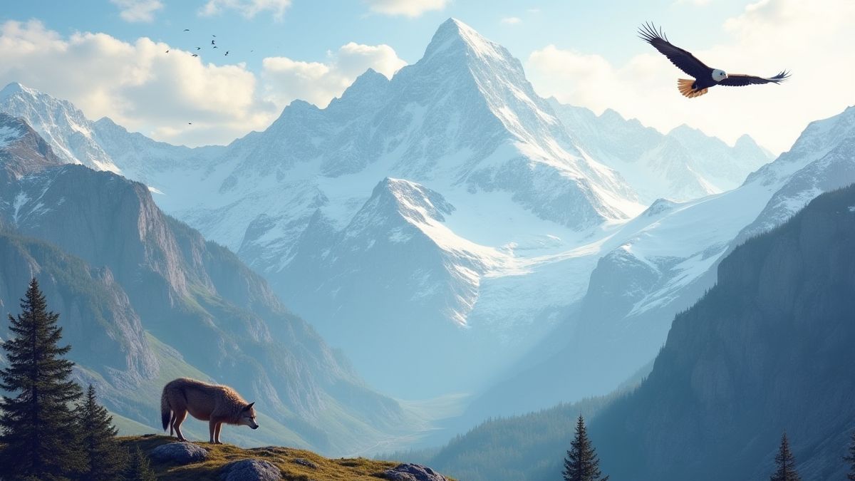 Montañas americanas con águilas y lobos.