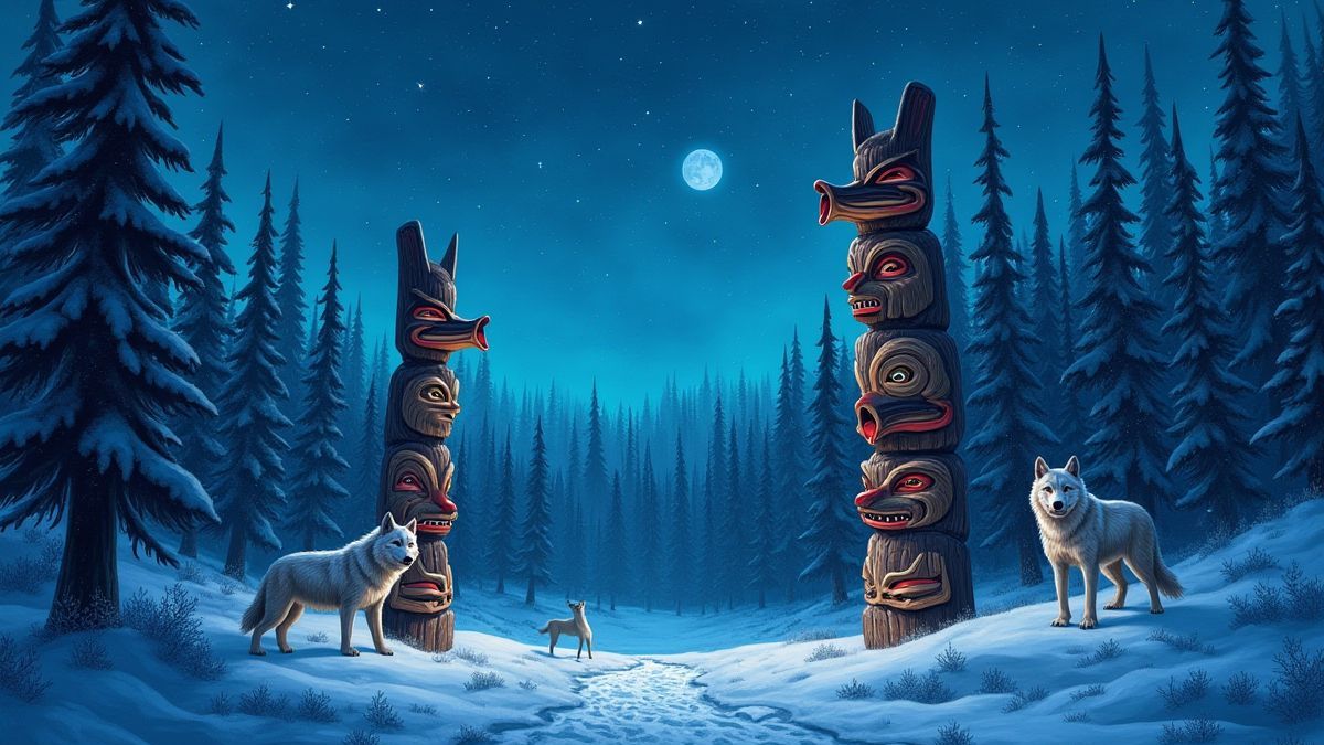 Bosque nevado con tótems y lobos bajo un cielo estrellado