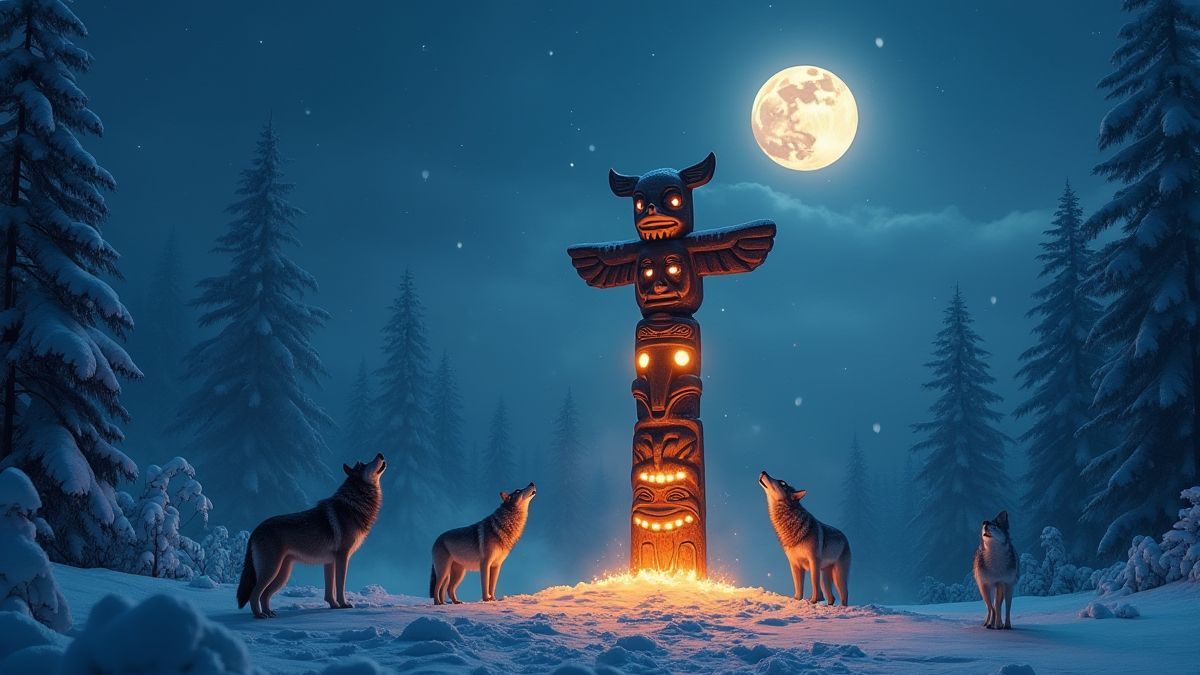 Tótem brillante rodeado de nieve y lobos bajo la luna