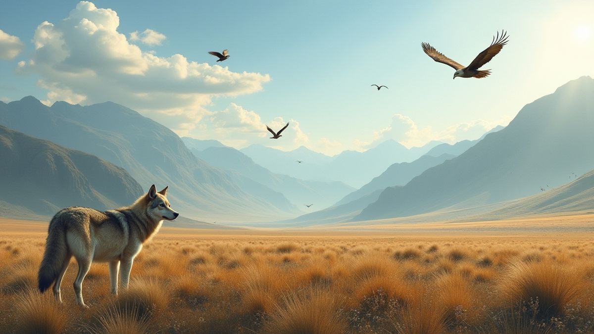 Pradera con montañas, águilas y un lobo en el centro.
