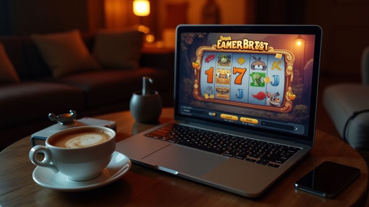 Configuración de juego con un portátil y una taza de café.