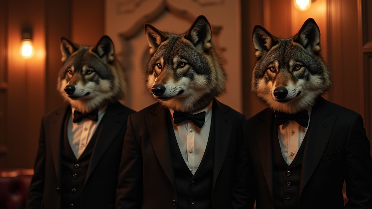 Wolven gekleed als gangsters in een clandestiene club in jaren 20-stijl.