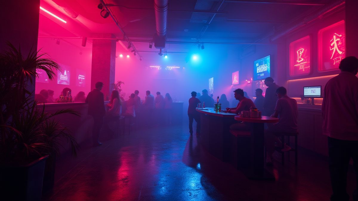 Een ondergrondse nachtclub verlicht met neonlichten.