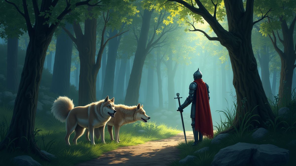Floresta medieval com lobos e um cavaleiro.