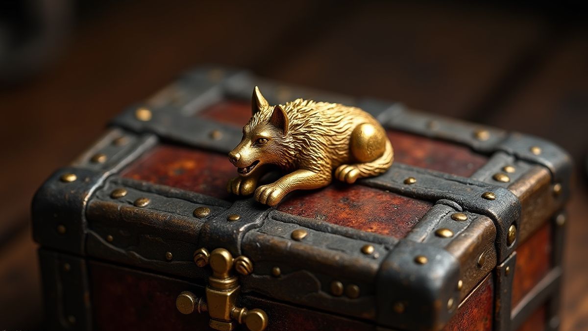 Pingente de lobo dourado em um baú medieval.