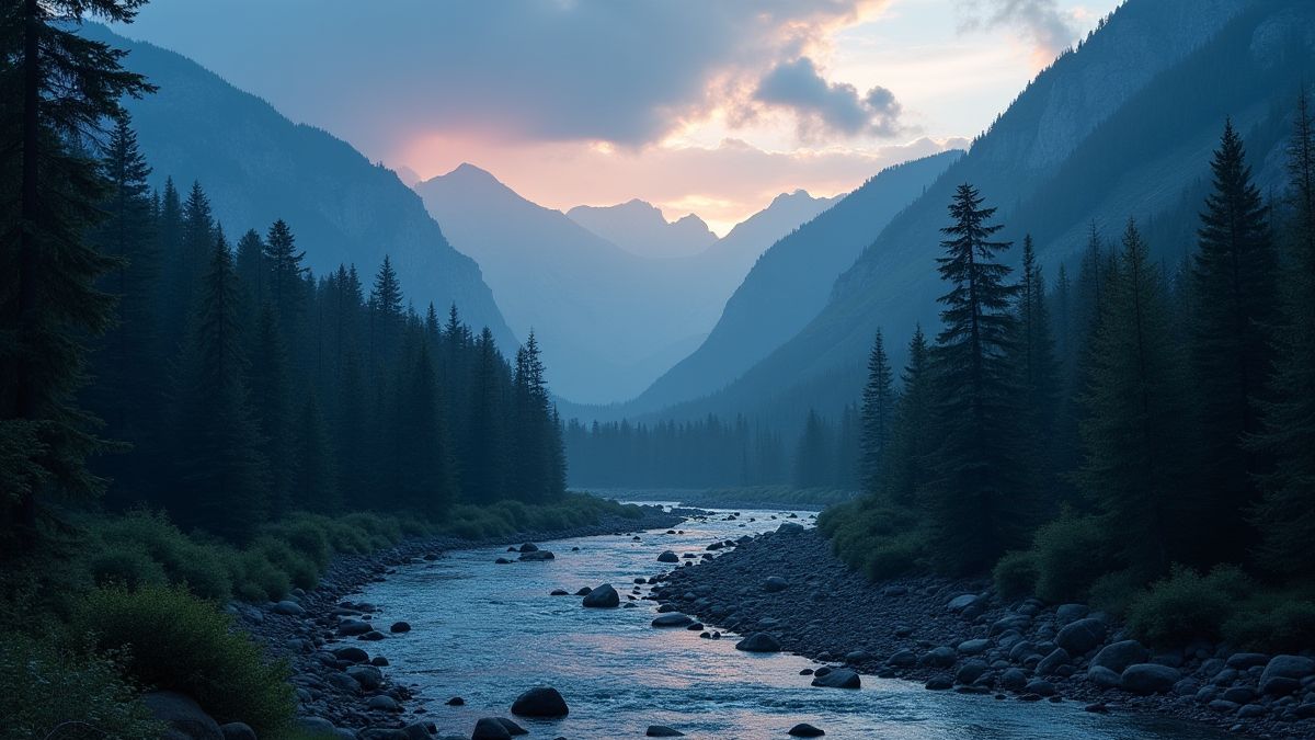 Vista de un bosque al atardecer con un río rodeado de montañas.