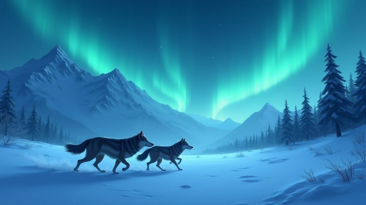 Lobos corriendo en un paisaje montañoso nevado bajo las auroras boreales.