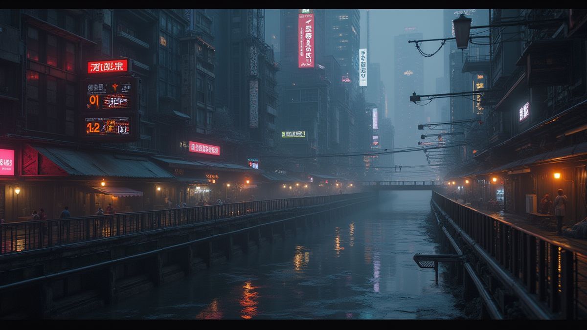 Ciudad futurista con luces de neón y ambiente oscuro.