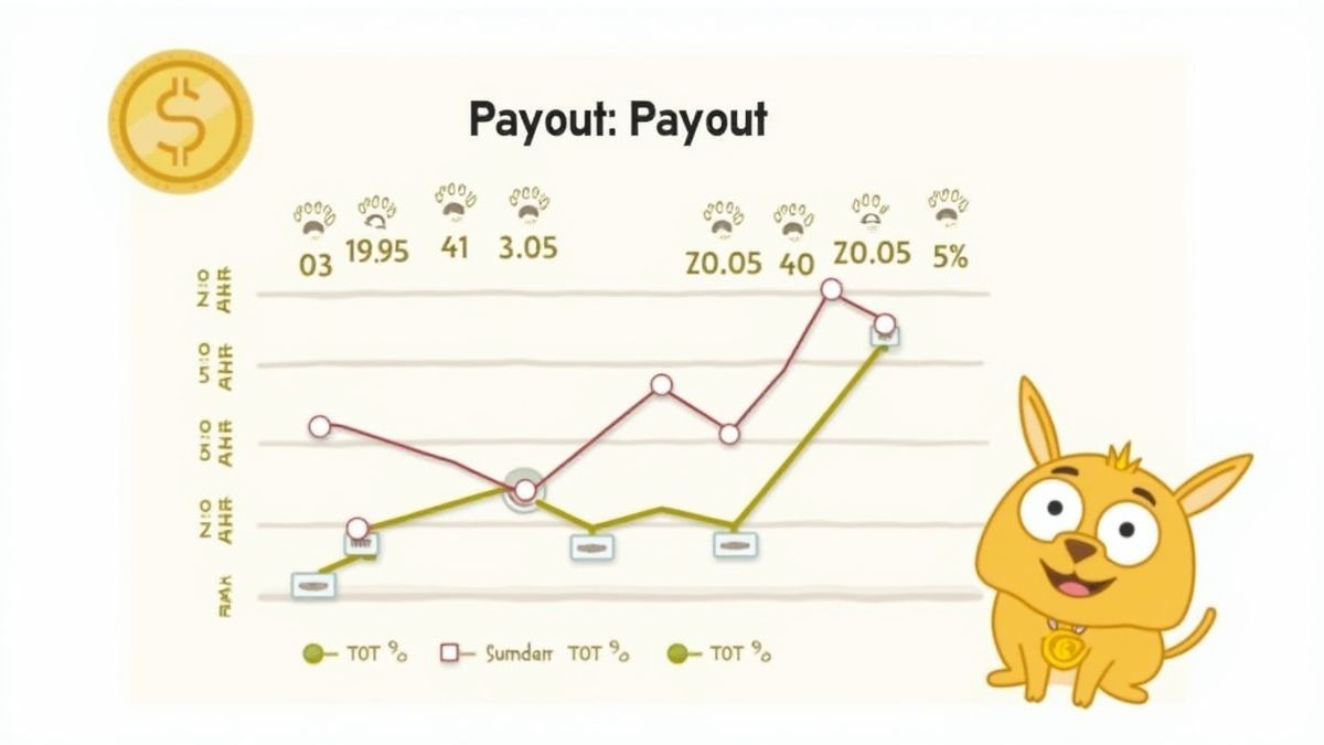 Grafiek van uitbetalingspercentages met cartoonmunten en pootafdrukken.