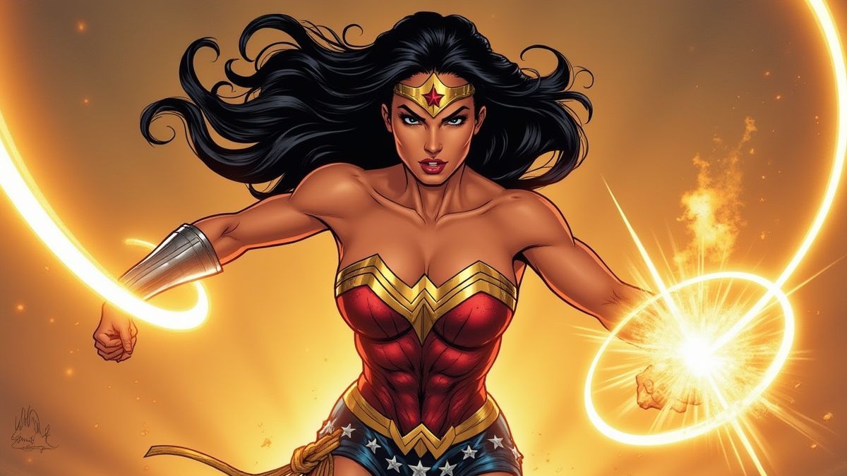El lazo dorado de Wonder Woman brillando en acción.