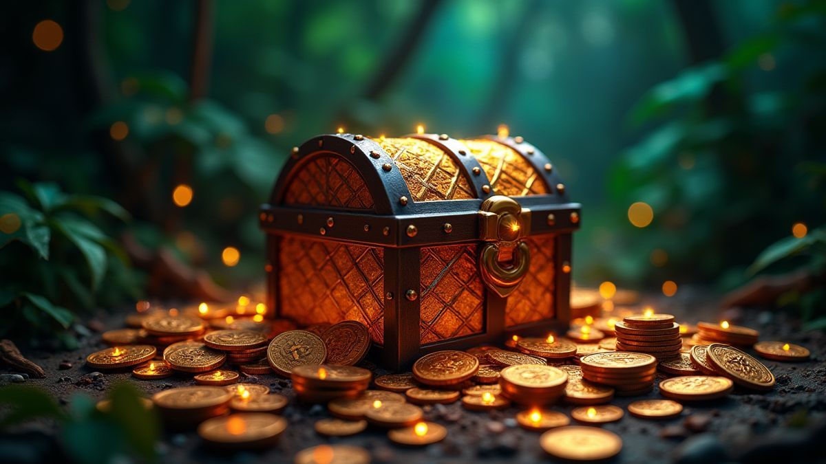 Cofre del tesoro brillante rodeado de monedas y joyas en un entorno de jungla.