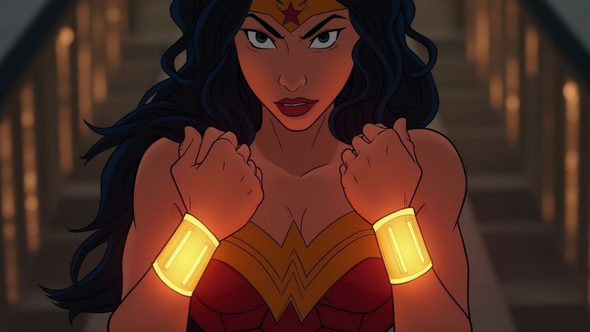 Glowing bracelets of Wonder Woman in a comic environment.