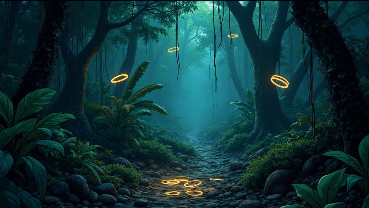 Scene in a jungle with comic elements and glowing bracelets.
