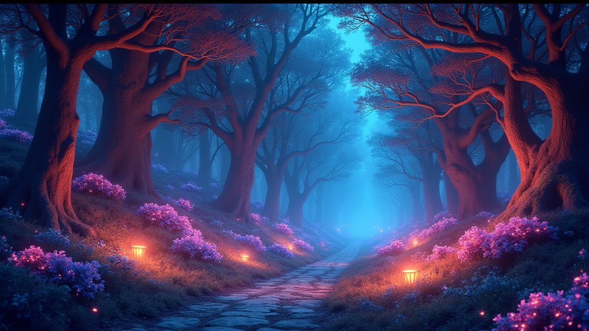 Magischer Wald voller bunter Lichter und lebendiger Naturelemente.