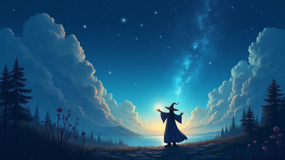 Un magicien lançant un sort dans un paysage magique nocturne.