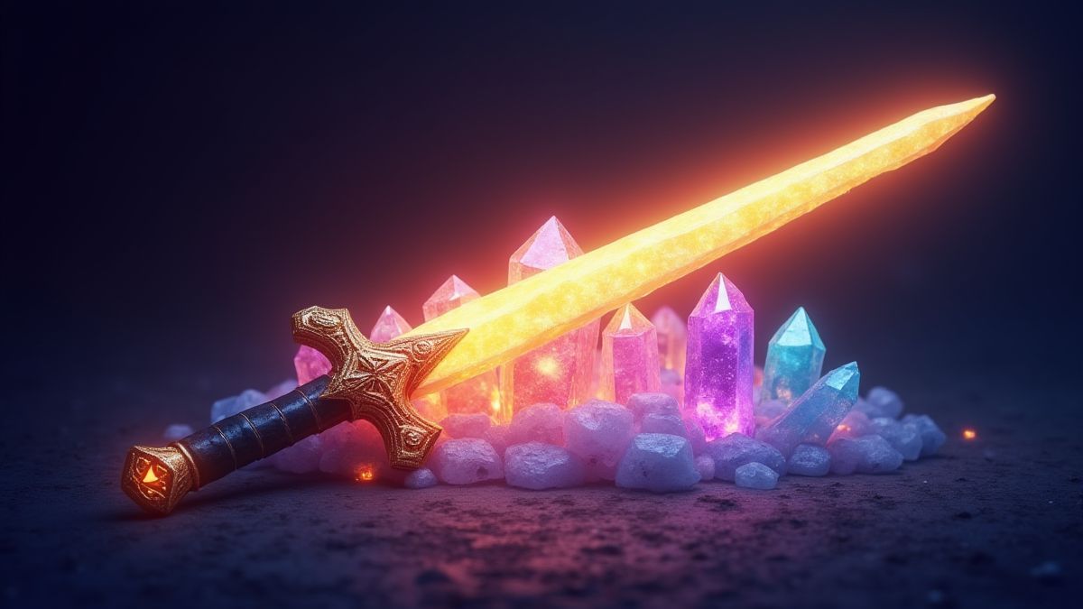 Une épée brillante reposant sur des cristaux magiques.