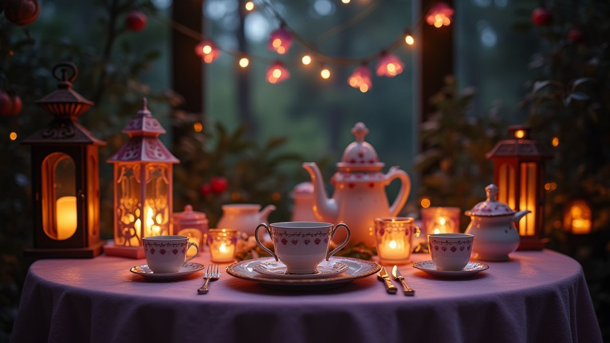 Mesa de té encantada rodeada de lámparas brillantes y tazas de té.