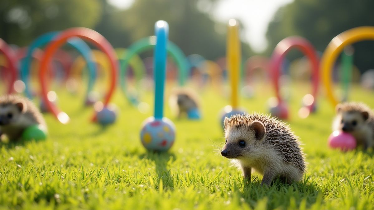 Campo de croquet mágico con arcos coloridos y erizos como bolas.