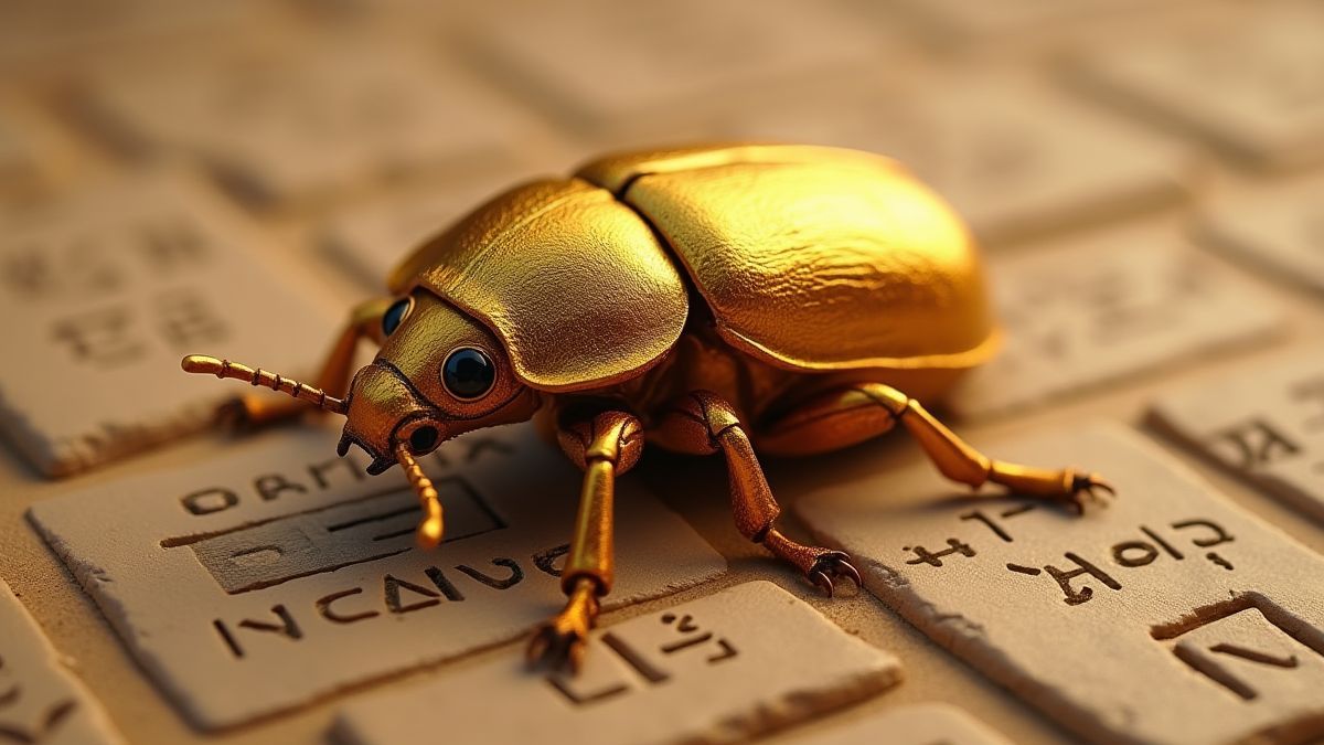 Un escarabajo dorado sobre jeroglíficos egipcios.