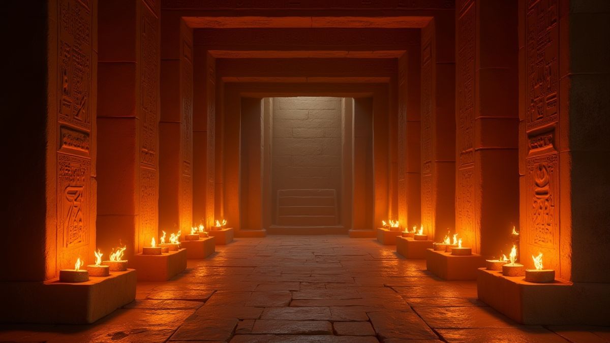 Interior de un templo egipcio con antorchas iluminadas y paredes llenas de jeroglíficos.
