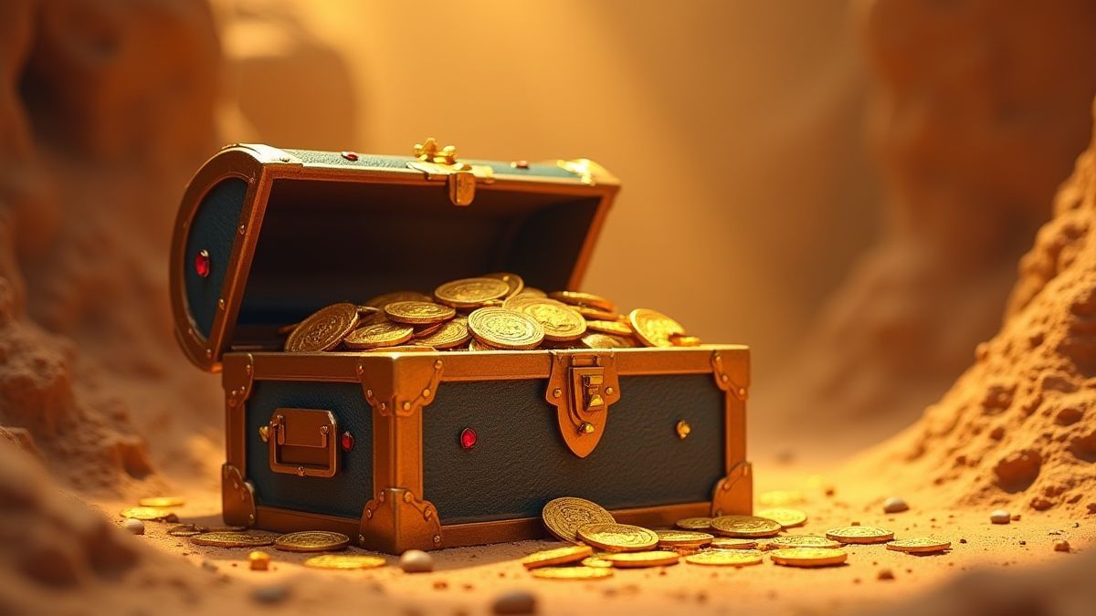 Un cofre del tesoro lleno de monedas y joyas en el desierto egipcio.