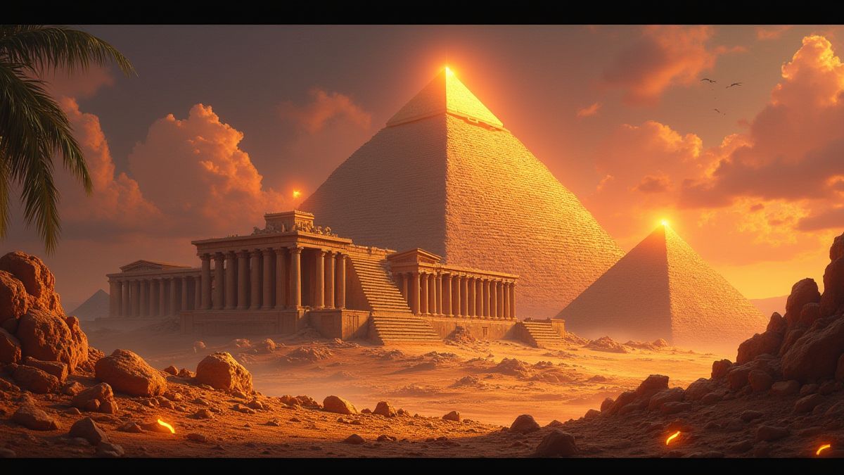 Detailed illustration of pyramids and Greek temples with shining treasures.