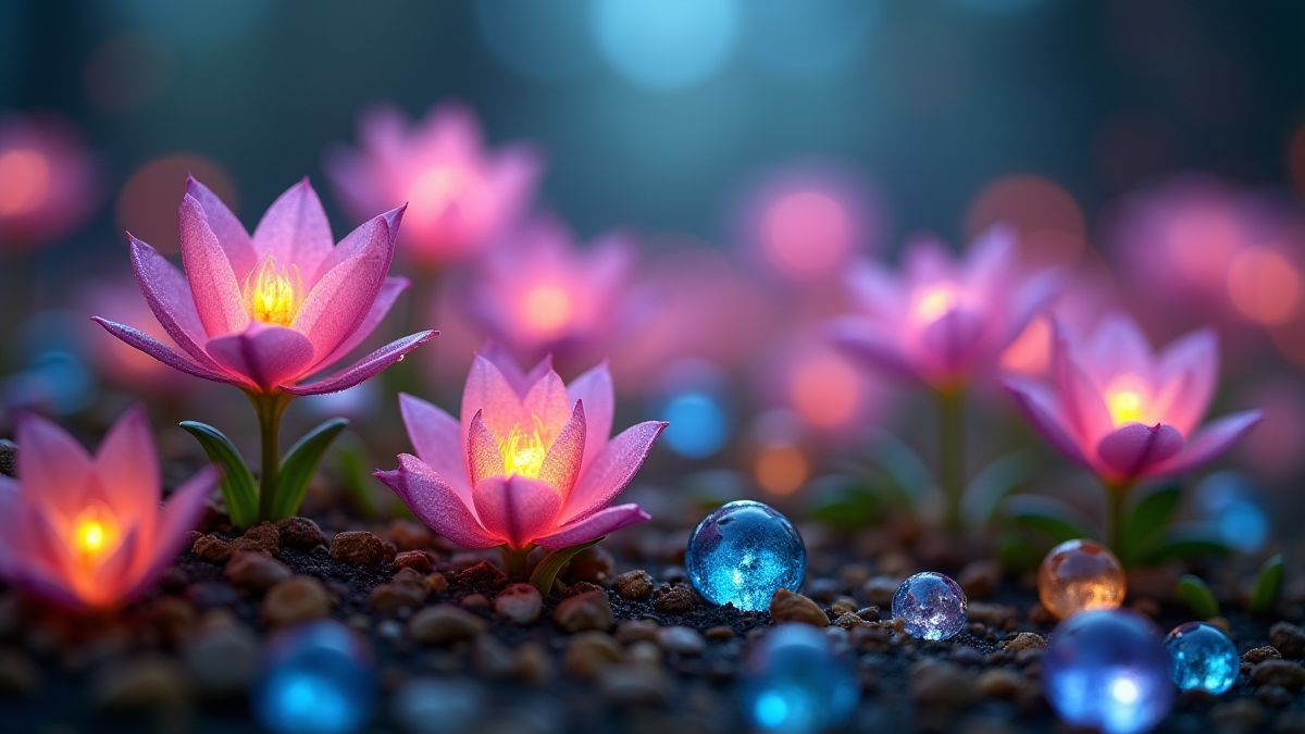 Leuchtende Blumen und Edelsteine in einem magischen Garten.