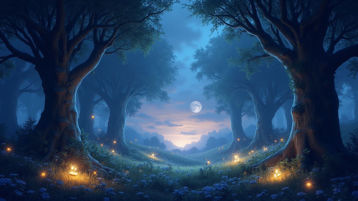 Verzauberter Wald mit strahlenden Lichtern und mystischen Kreaturen.