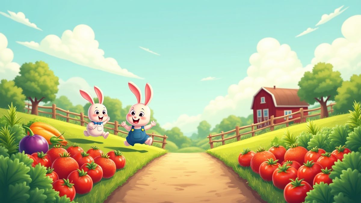 Farm scene with colorful vegetables and playful rabbits.