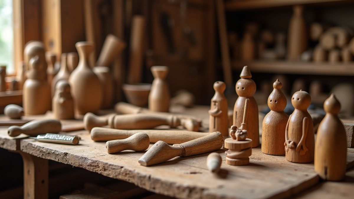 Un atelier de menuisier avec des outils en bois et des figures taillées.