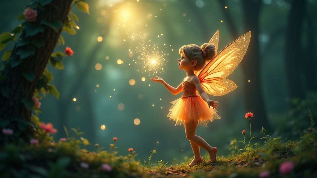 Une fée magique qui brille avec des éclats dans une forêt enchantée.