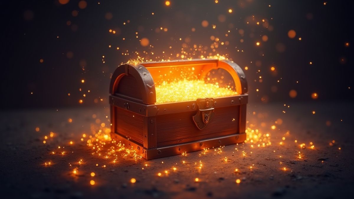 Un coffre au trésor entouré d'une lumière magique brillante.