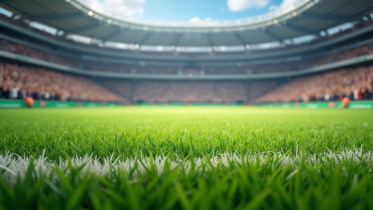 Animated football field with grass and cheering crowd.