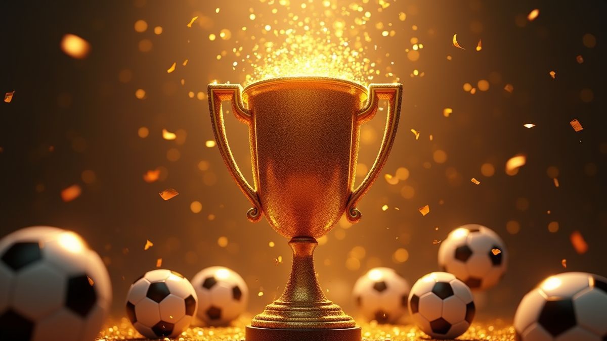 Animated trophy with golden sparkles surrounded by footballs and confetti.