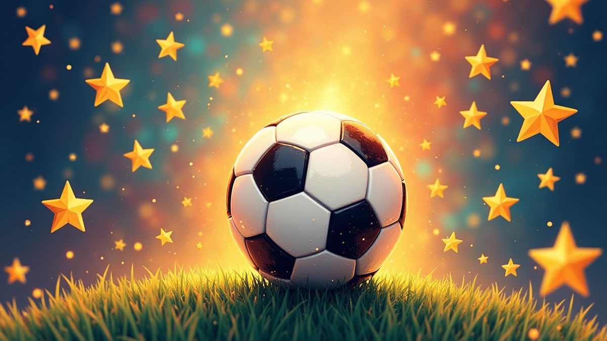 Balón de fútbol rodeado de estrellas doradas.
