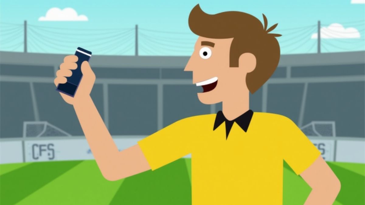 Arbitre animé avec sifflet sur un terrain de football.