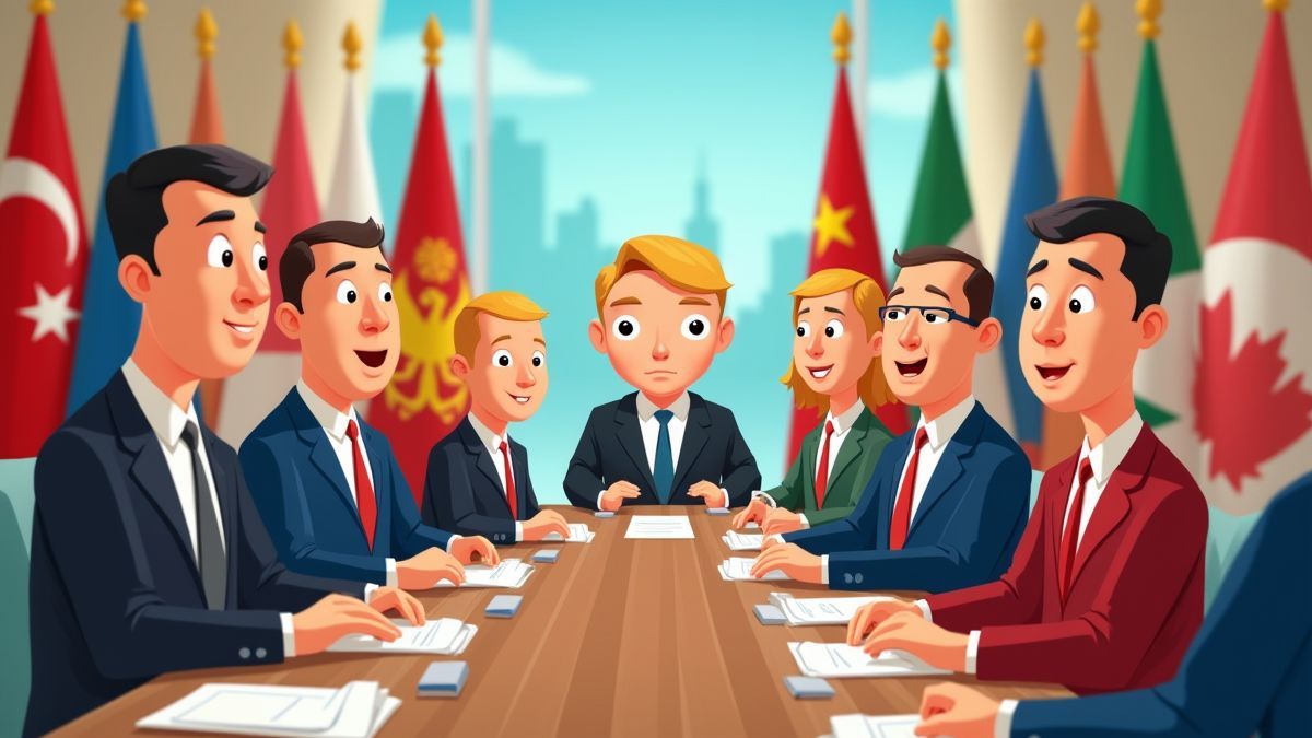 Cumbre animada con l&iacute;deres y banderas de pa&iacute;ses.