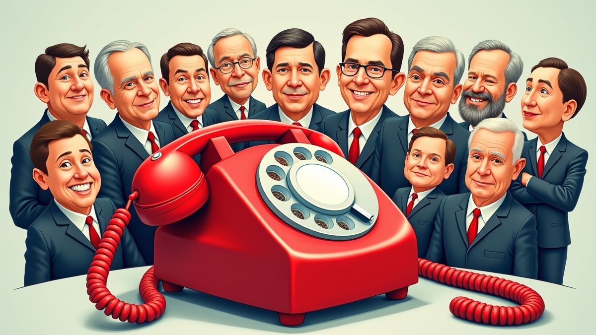 Tel&eacute;fono rojo rodeado de caricaturas de l&iacute;deres mundiales.