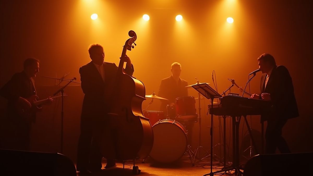 Jazz band playing under golden lights.