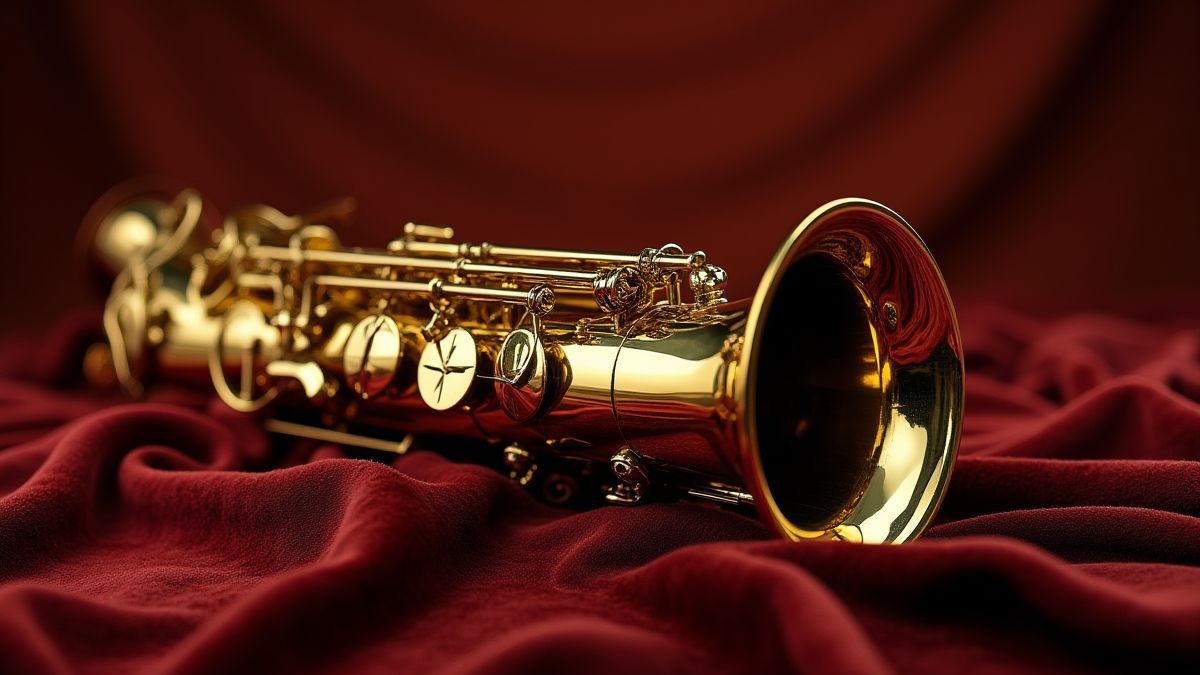 Golden saxophone on velvet cloth.