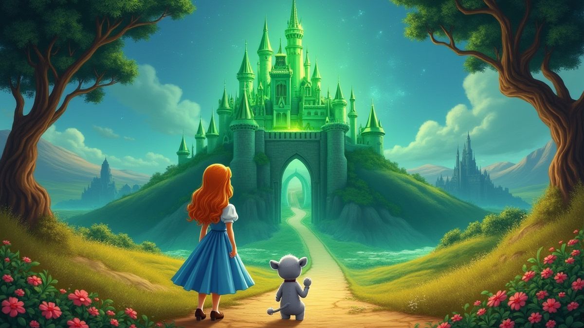 Dorothy and Toto in front of the emerald castle.