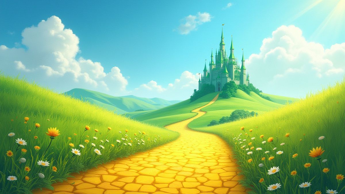 Yellow road leading to the emerald castle under a blue sky.