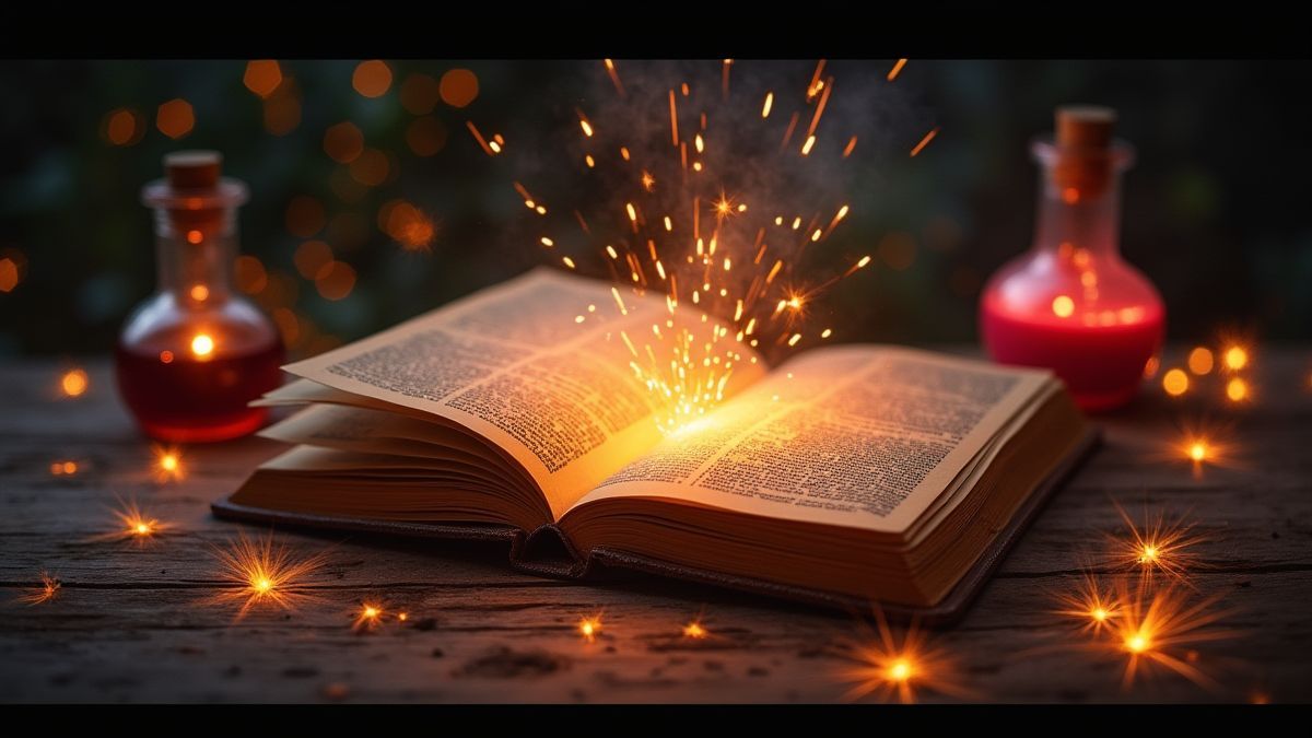 Libro de hechizos rodeado de chispas mágicas y pociones.