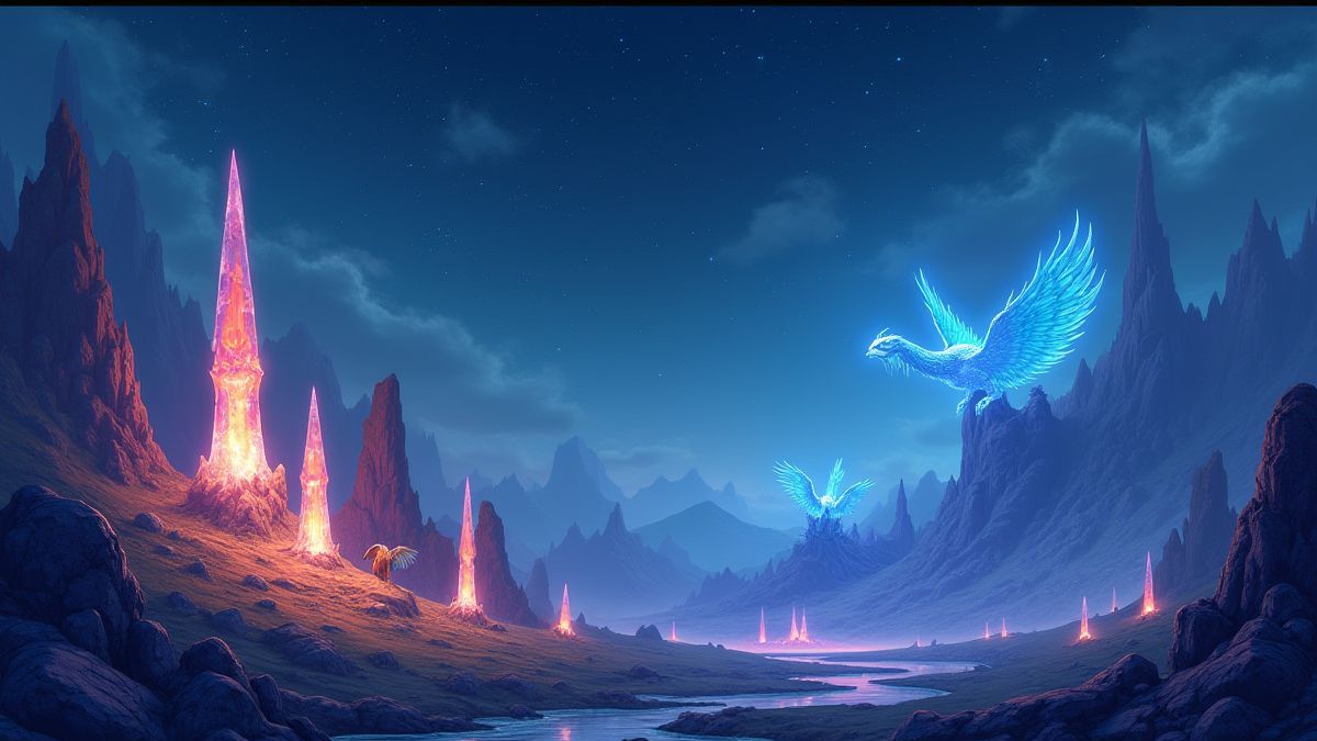 Paisaje místico con cristales brillantes y criaturas mágicas bajo un cielo estrellado.
