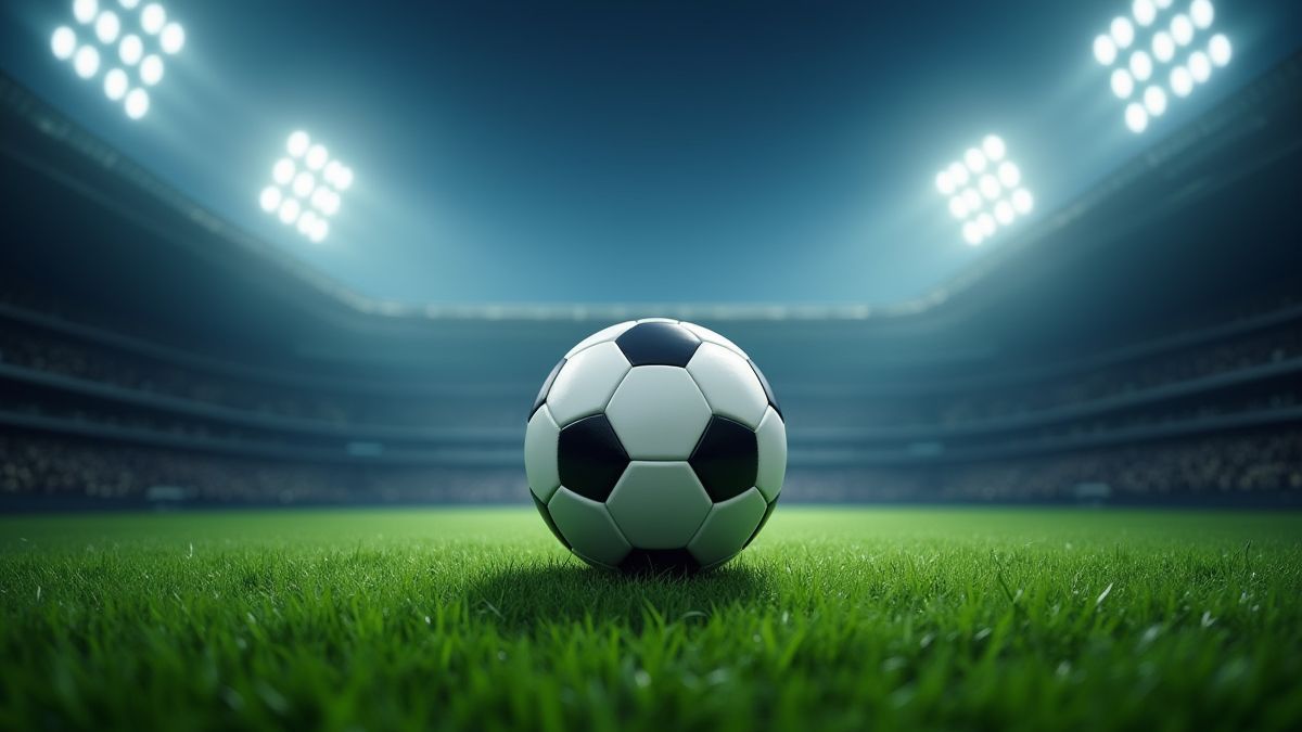 A football on a green field illuminated by stadium lights.