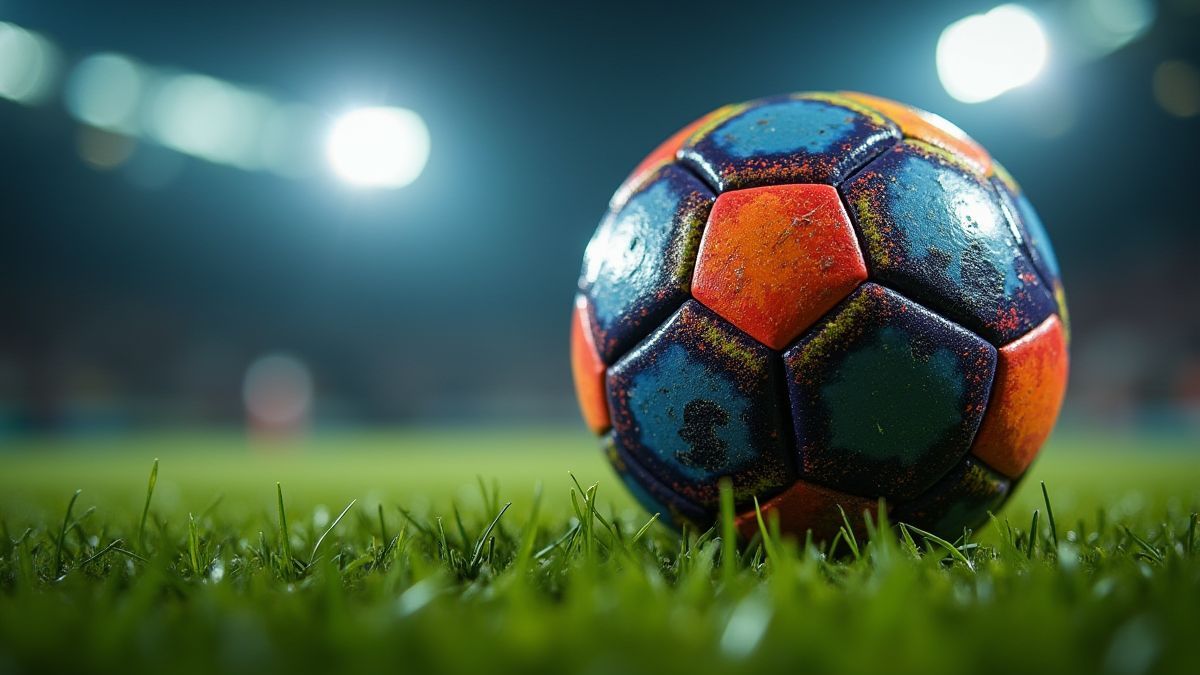 Balón de fútbol vibrante sobre césped iluminado.