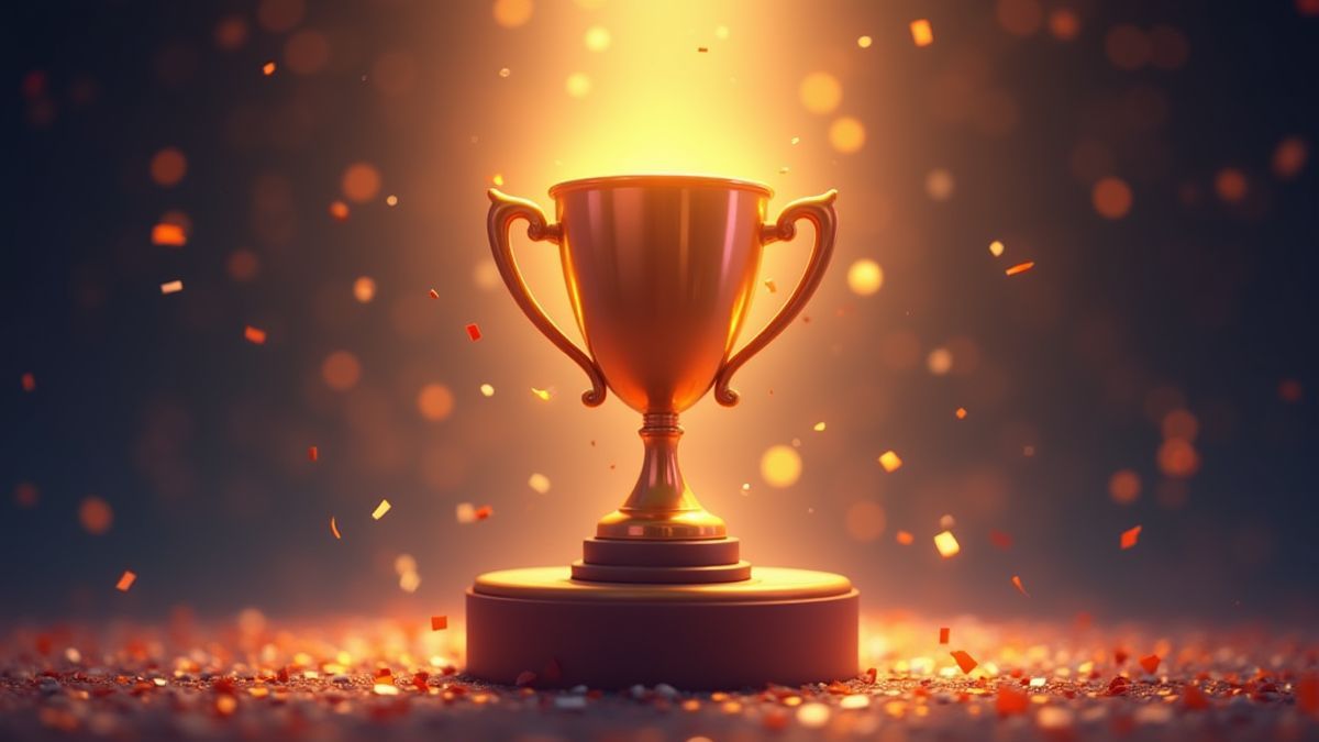 Trofeo brillante en un pedestal rodeado de confeti.